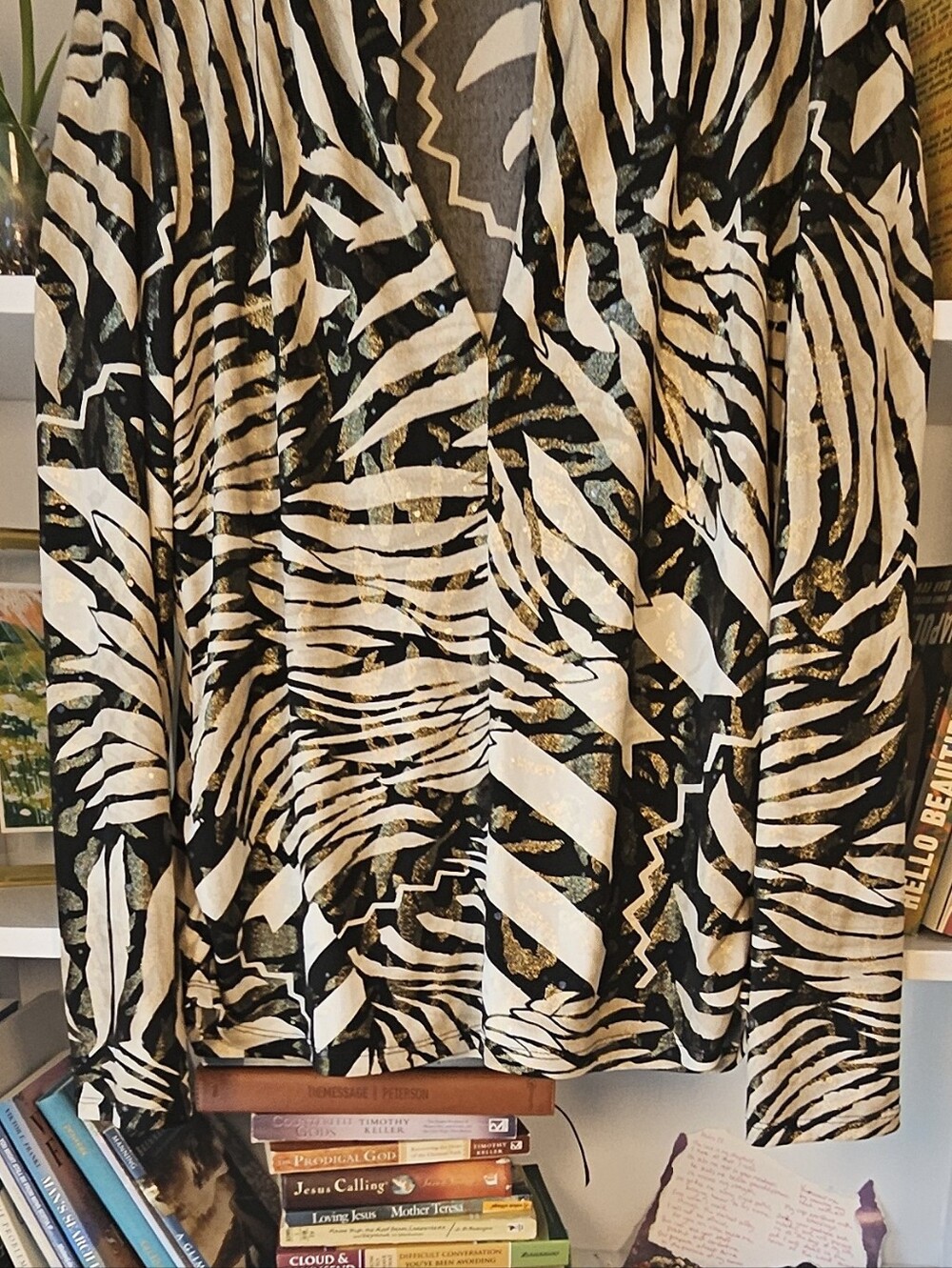 Vintage Joseph Ribkoff Blouse Zebra Print Black Cream Gold Top Size XL / 16 Glam - Picture 2 of 7